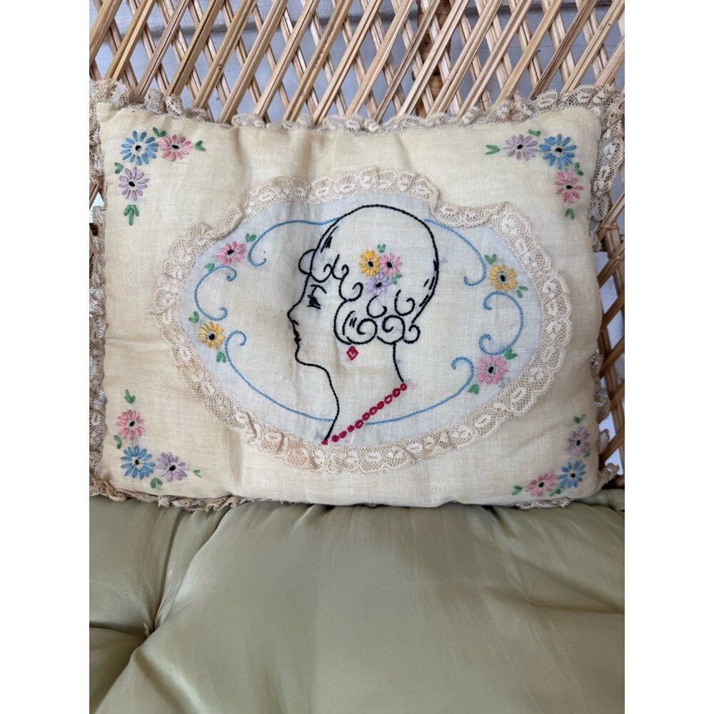 Antique 20's Embroidered Accent Pillow Profile Woman Flowers Lace Edge